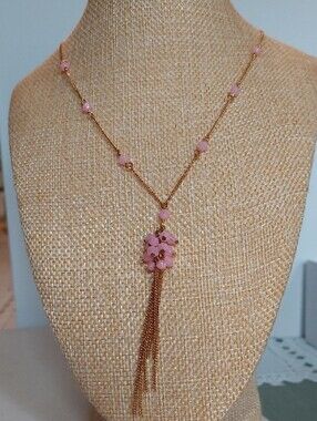 AVON Vintage Dainty Goldtone Chain Necklace with Pink Bead Tassel